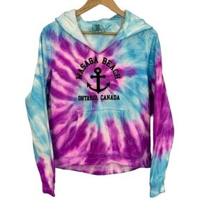 Wasaga Beach Tie Dye Sweatshirt Womens M Blue Purple Colourful Hooded Fun NWOT